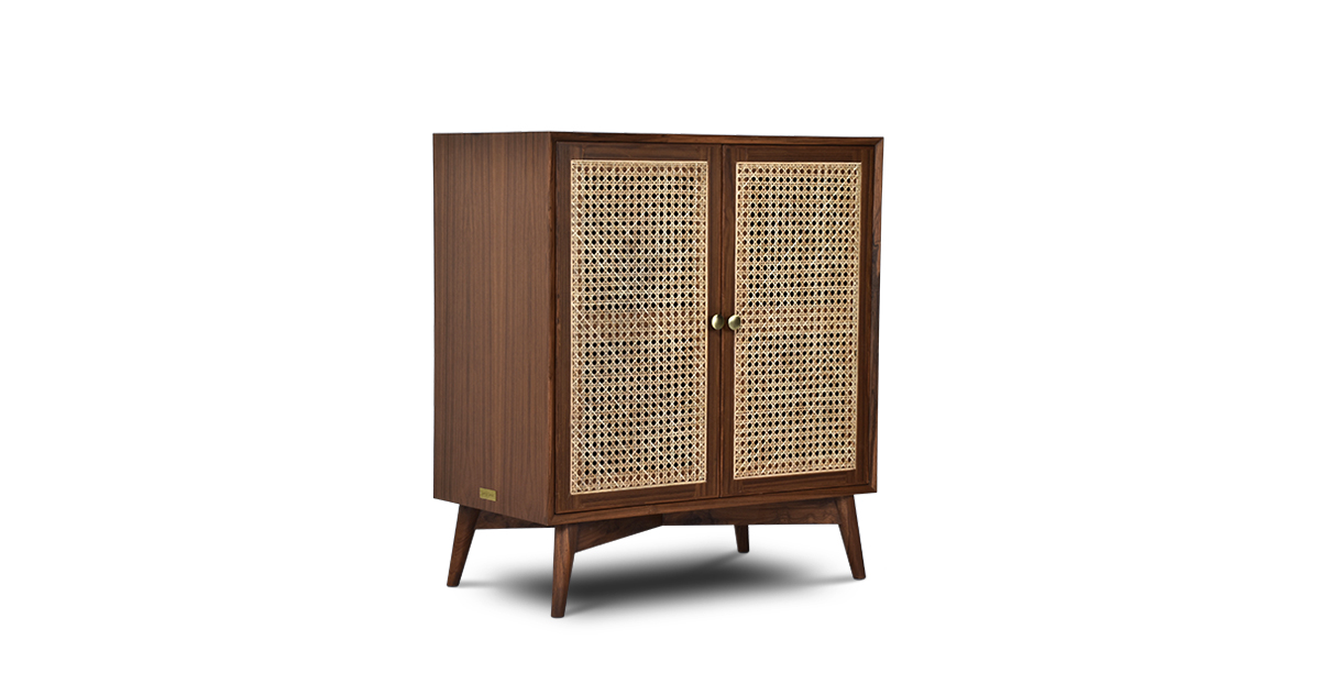 Lap & Dado Small Rattan Bar 2 Buy wood and rattan furniture online - Buy Bar cabinet online crafted with quality materials - Lap & Dado furniture, contemporary mid-century modern design, Wells canework bar cabinet in teak veneer with solid teak wood legs for your living or dining room