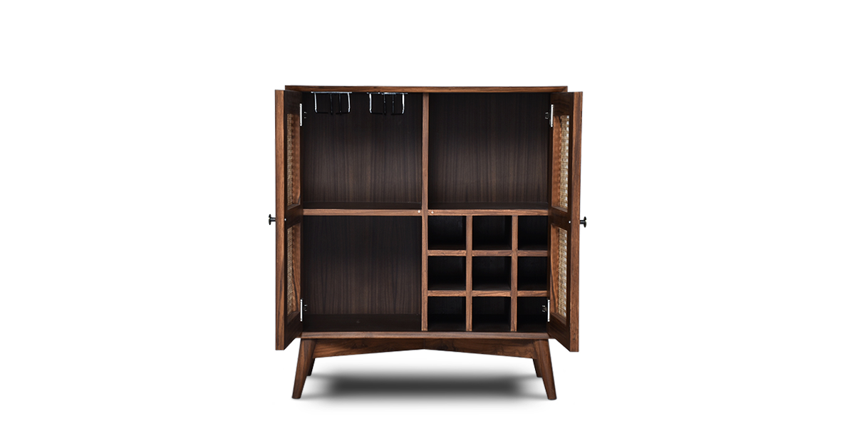 Lap & Dado Small Rattan Bar 5 Buy wood and rattan furniture online - Buy Bar cabinet online crafted with quality materials - Lap & Dado furniture, contemporary mid-century modern design, Wells canework bar cabinet in teak veneer with solid teak wood legs for your living or dining room