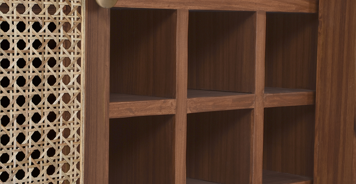 Lap & Dado Small Rattan Bar 6 Buy wood and rattan furniture online - Buy Bar cabinet online crafted with quality materials - Lap & Dado furniture, contemporary mid-century modern design, Wells canework bar cabinet in teak veneer with solid teak wood legs for your living or dining room