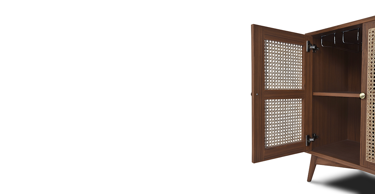 Lap & Dado Small Rattan Bar 7 Buy wood and rattan furniture online - Buy Bar cabinet online crafted with quality materials - Lap & Dado furniture, contemporary mid-century modern design, Wells canework bar cabinet in teak veneer with solid teak wood legs for your living or dining room